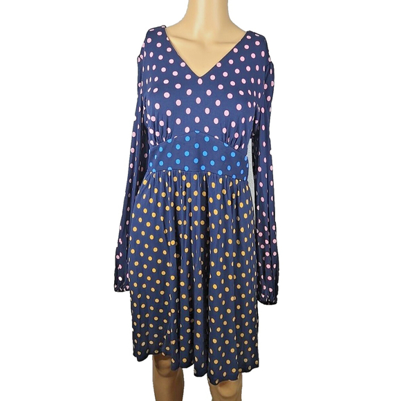 Boden Women's Navy Long Sleeve Multi Color Polka Dot Fit & Flare Dress Size 10R - Picture 1 of 5
